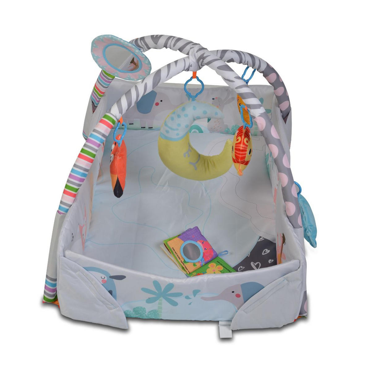 SPIELBOGEN 2 in 1 Oase grau 115 x 98 cm, Krabbeldecke, Kissen, Bällebad, abnehmbar, ab 6 Monate - Grau, Textil (98/50/115cm) - Moni