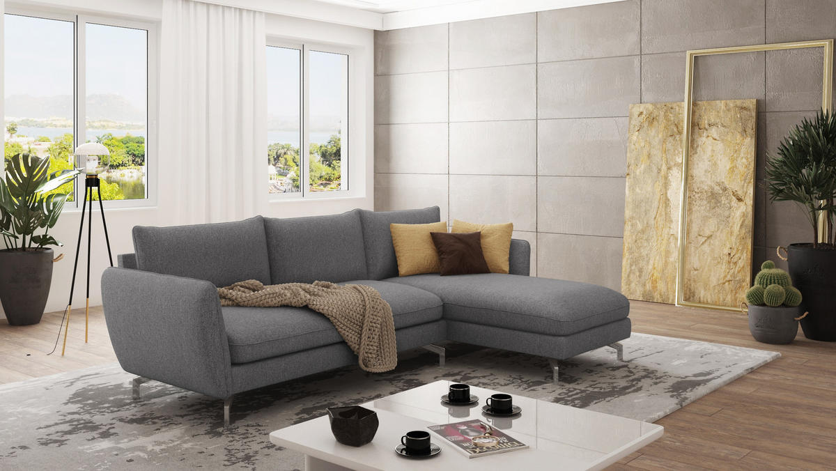 ECKSOFA Elou Grau Microfaser - Chromfarben/Grau, Holz/Textil (261/167cm) - S-Style Möbel