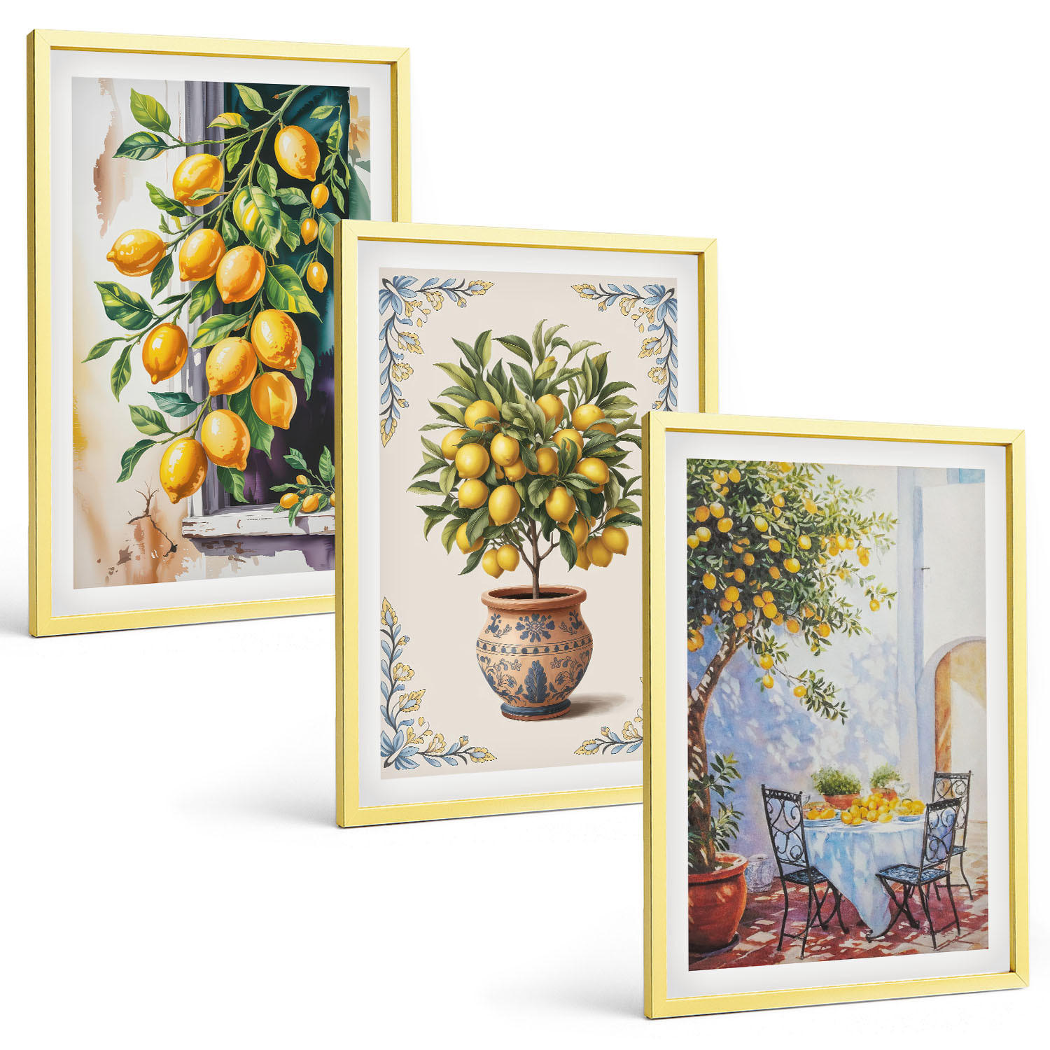 BILDER SET 3er Set - 40x60 cm Goldrahmen - Zitronenbäume Früchte Sonne - Goldfarben, Kunststoff (40/60cm) - TULUP
