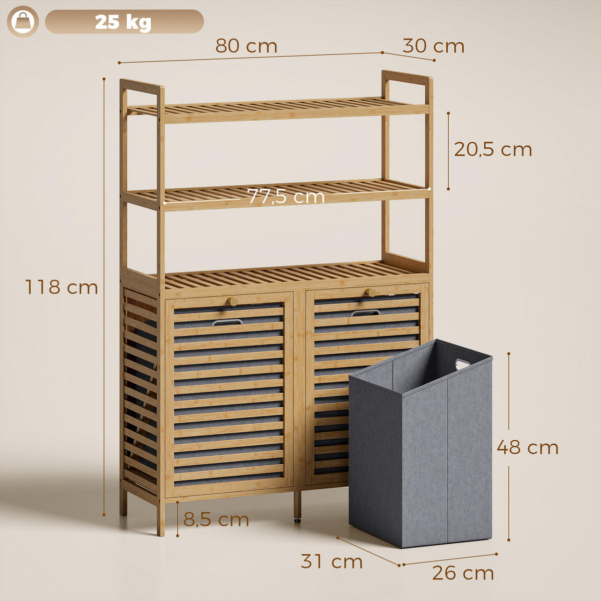 WÄSCHESCHRANK Bambus Vliesstoff Eiche - Eichefarben/Goldfarben, Naturmaterialien/Holz (30/118/80cm) - HOMCOM