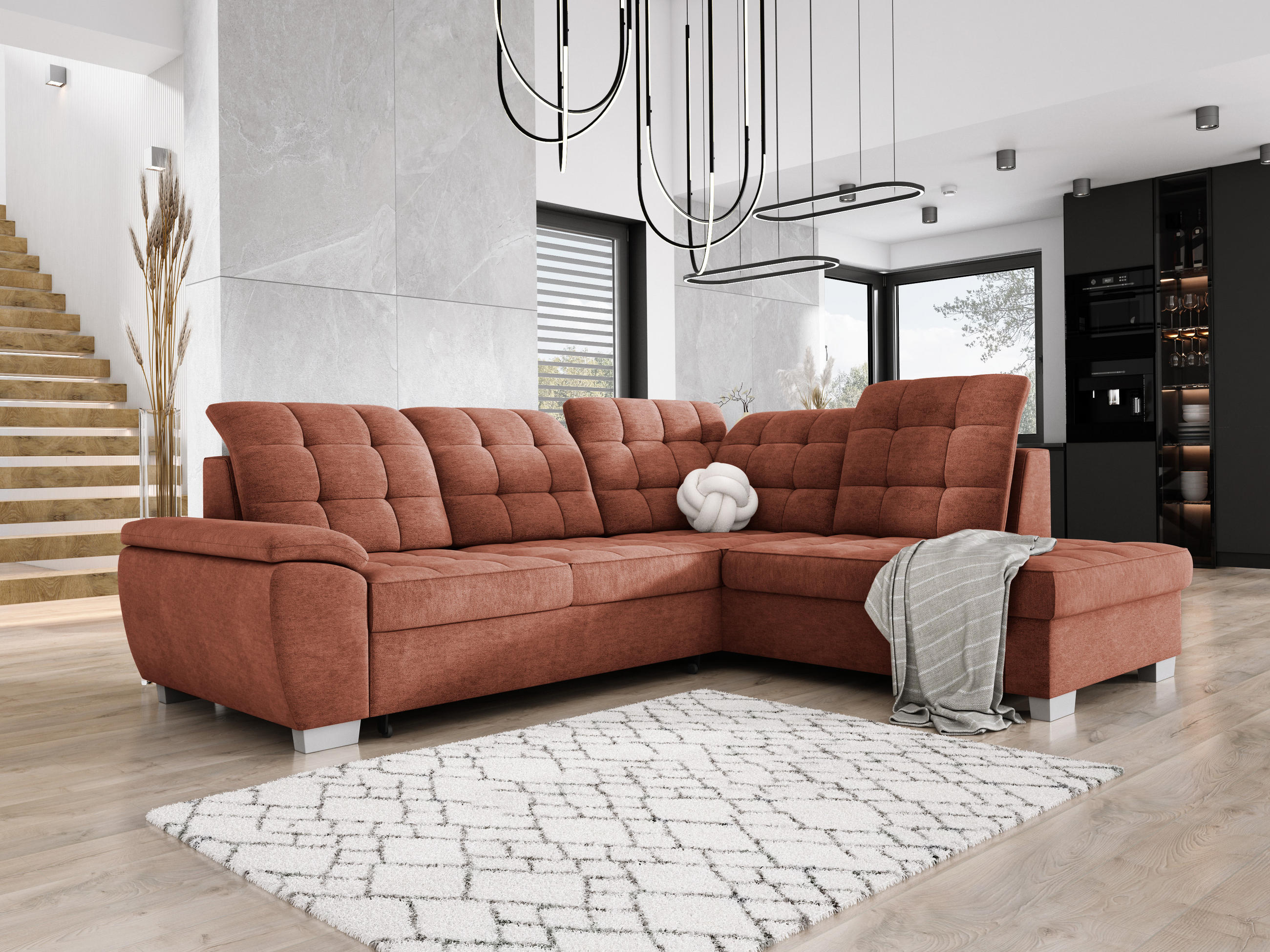 ECKSOFA LOTTA L-förmig Bettkasten verstellbare Kopfstützen hochwertige Verarbeitung lose Rückenkissen freistehend RECHTS 258x212x106 cm Dark orange - Dunkelorange, Holz/Textil (258/212cm) - DomoHome