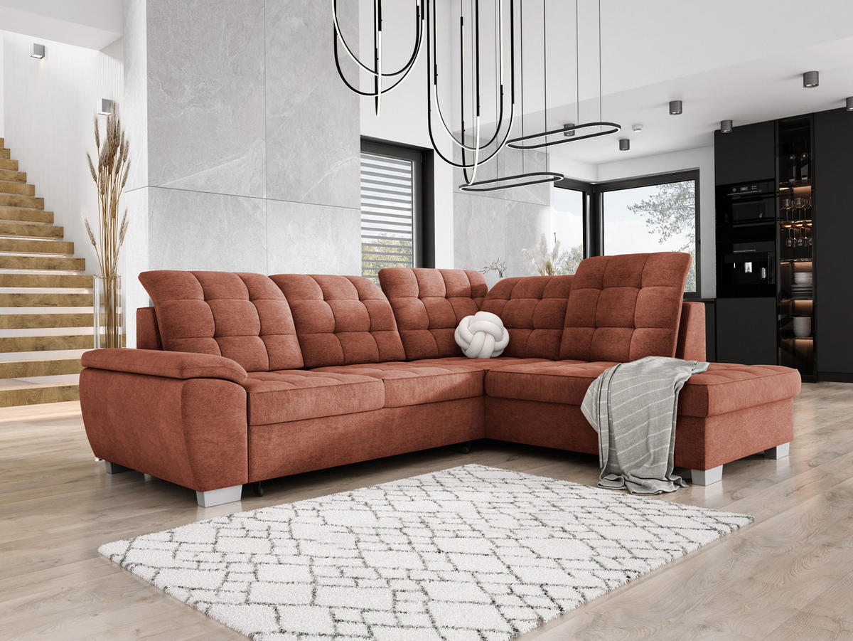 ECKSOFA LOTTA L-förmig Bettkasten verstellbare Kopfstützen hochwertige Verarbeitung lose Rückenkissen freistehend RECHTS 258x212x106 cm Dark orange - Dunkelorange, Holz/Textil (258/212cm) - DomoHome