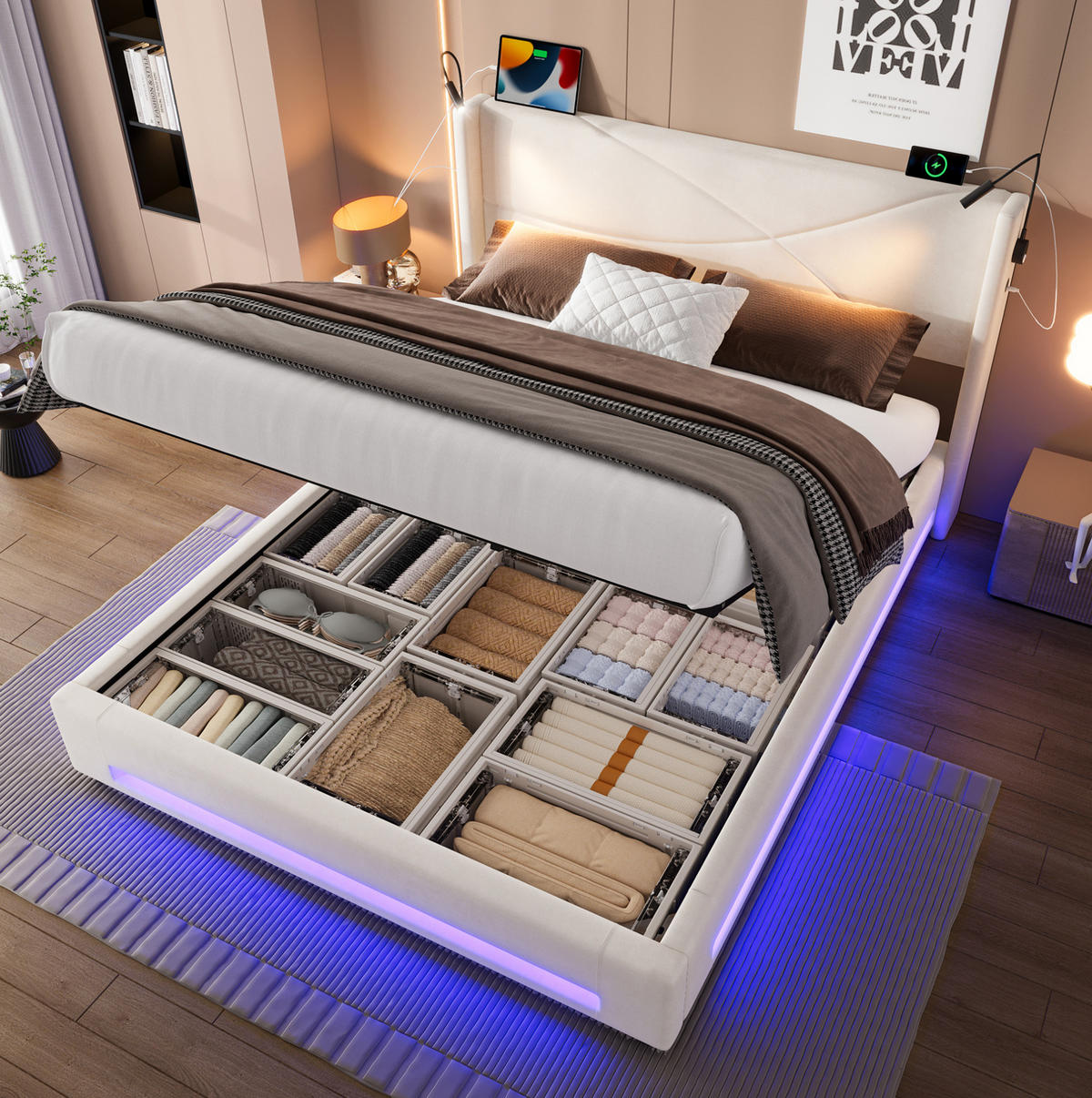 ČALÚNENÁ posteľ z velvetu 140x200 cm béžová s LED osvetlením, 2 čítacími lampami, USB a úložným priestorom - béžová, textil (90/200cm) - Modfu