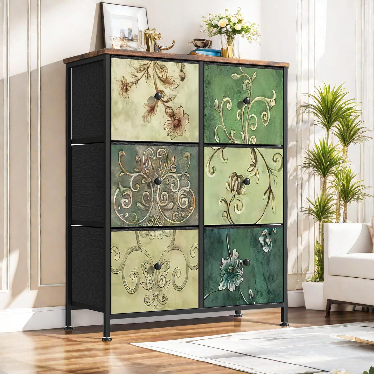 KOMMODE mit 6 Stoffschubladen, Sideboard für Küche, Büro, Flur - Multicolor, Holz (30/86.5/67.5cm)