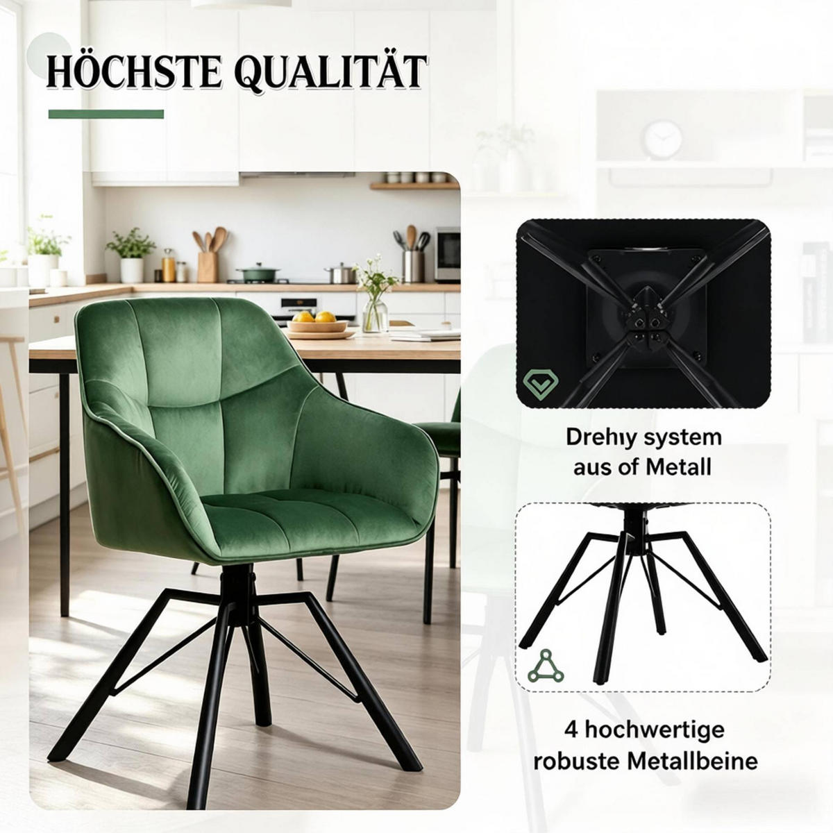 ESSSTUHL 2er-Set drehbar Samt Dunkelgrün - Dunkelgrün, Metall (54/82.5/57cm) - Meubliv