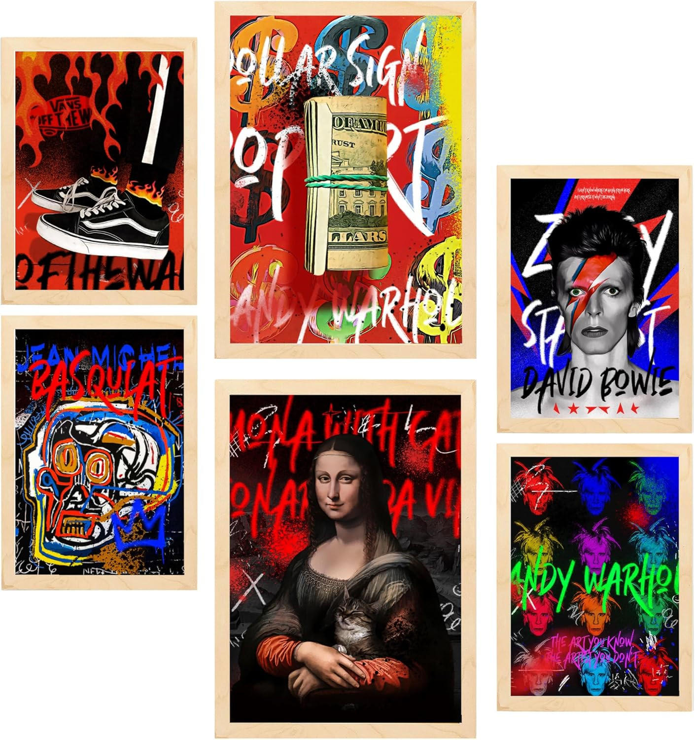 POSTER Set Mit 6 Grafiti Pop Mona Lisa Warhol Bowie Basquiat A3 & A4 Rahmen Aus Hellem Holz - Beige, Papier (29/3/42cm) - Nacnic
