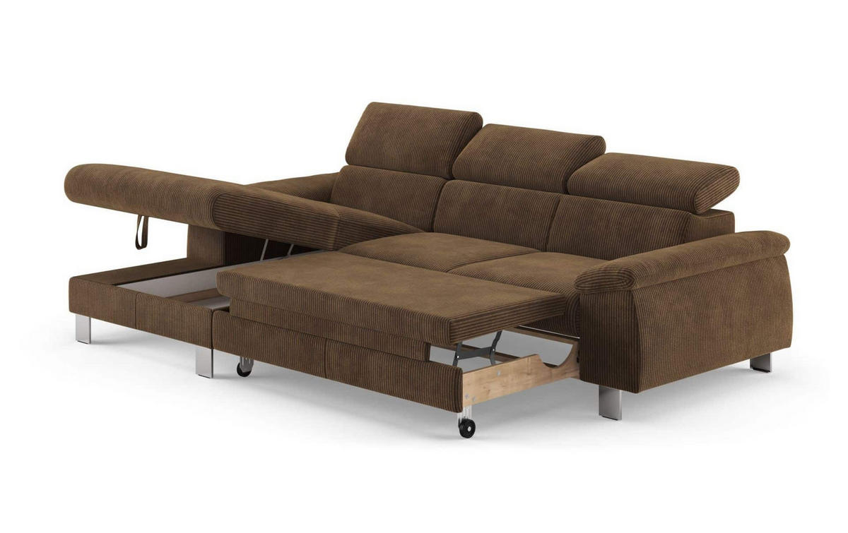 ECKSCHLAFSOFA mit Bettkasten – Cord-Stoff - Chromfarben/Braun, Holz/Textil (244/166cm) - Cotta