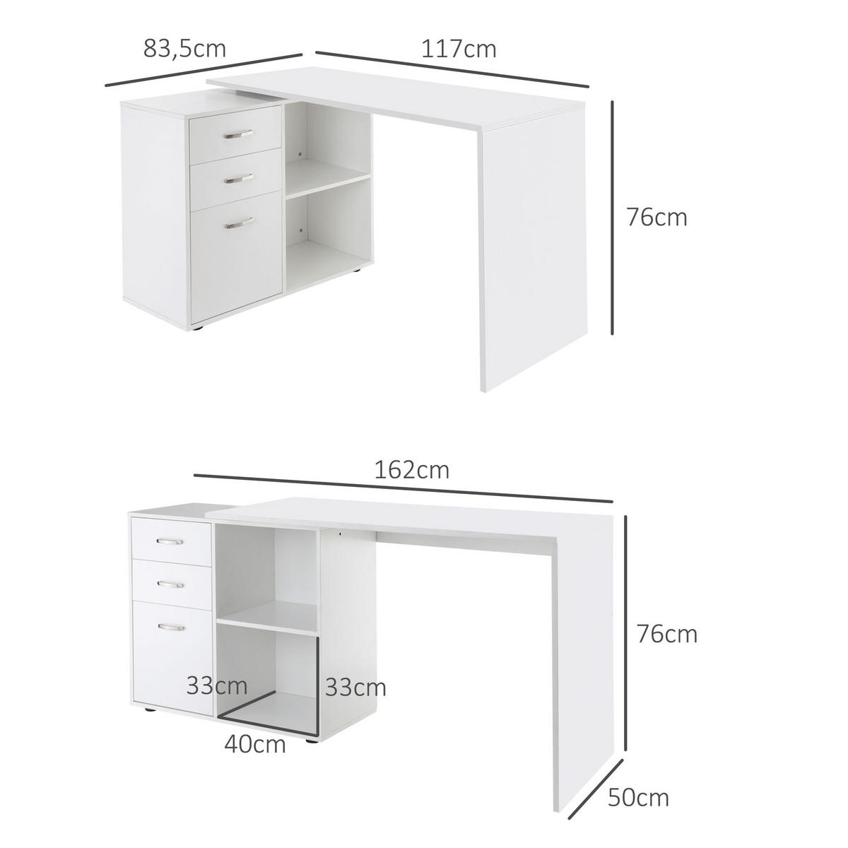 ECKSCHREIBTISCH Weiß modulierbar mit 3 Schubladen und 2 Fächern 162/50/76 cm - Weiß, Holz (50/162/76cm) - PANGIVO