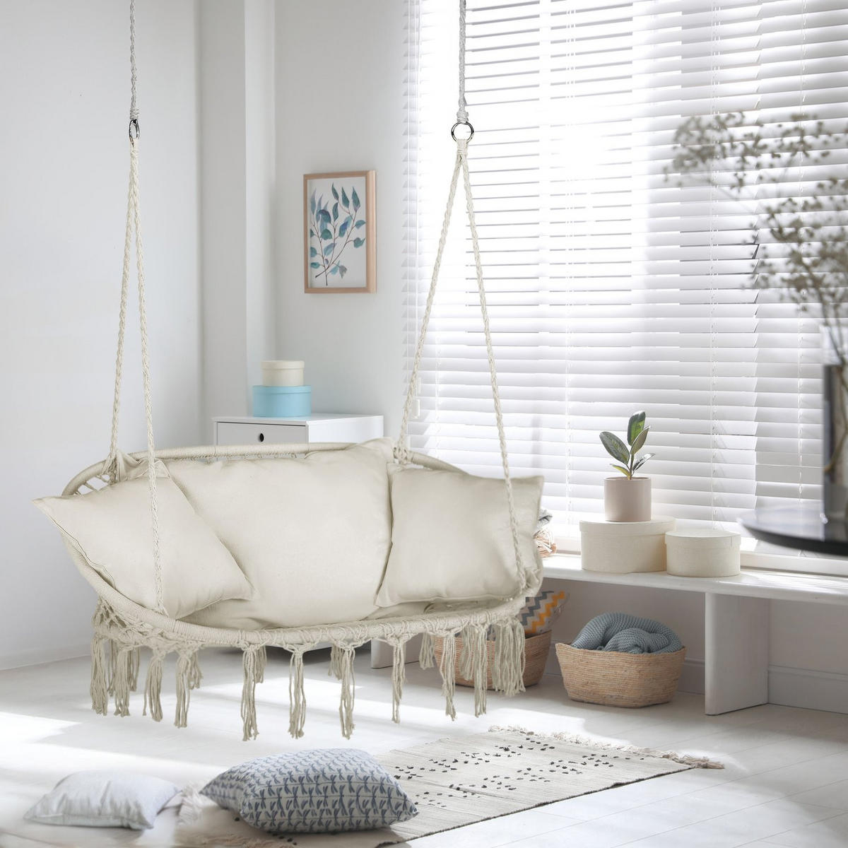 HÄNGESESSEL für 2 Personen 130/75/37 cm, bis 200 kg - Beige, Textil/Metall (130/37/75cm) - Outtec