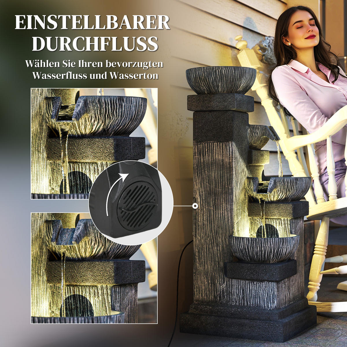 ZIERBRUNNEN DE-10204 4-stufiger Wasserfall mit LED-Beleuchtung Grau - Grau, Kunststoff (38/36/85cm) - ComfortXL