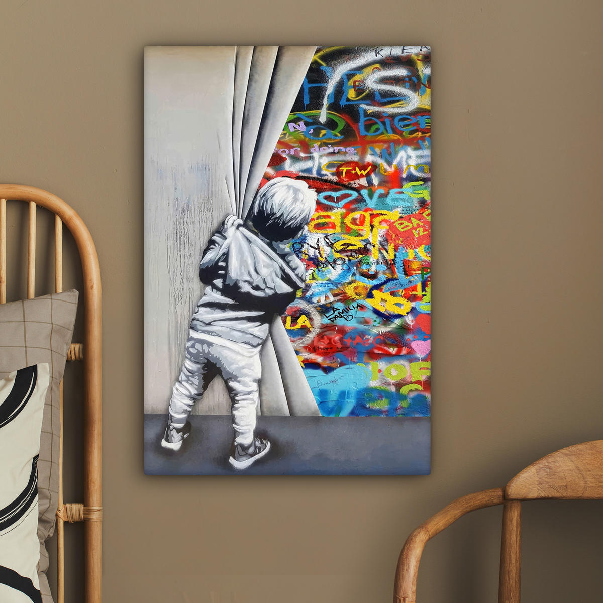 LEINWANDBILD Graffiti - Junge - Ilussie - Straßenkunst 60x90 cm - Hellgrau, Textil (60/90cm) - MuchoWow