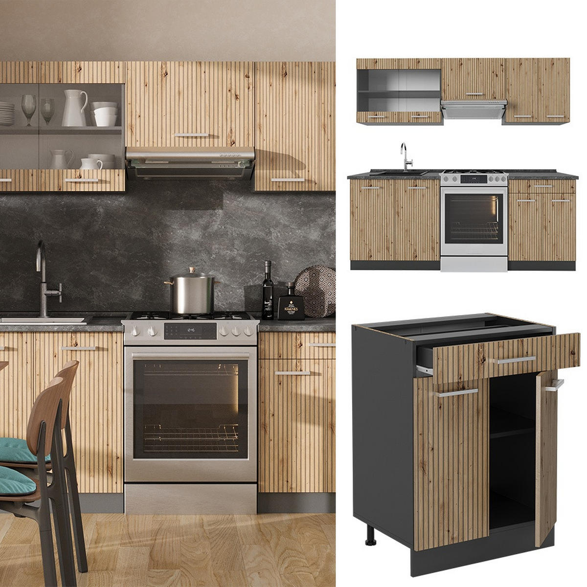 PENTRY R-Line Hantverks ek/antracit 200 cm utan bänkskiva - Antracit/Ek Artisan, Träbaserade material (200/81.6/46cm) - Vicco