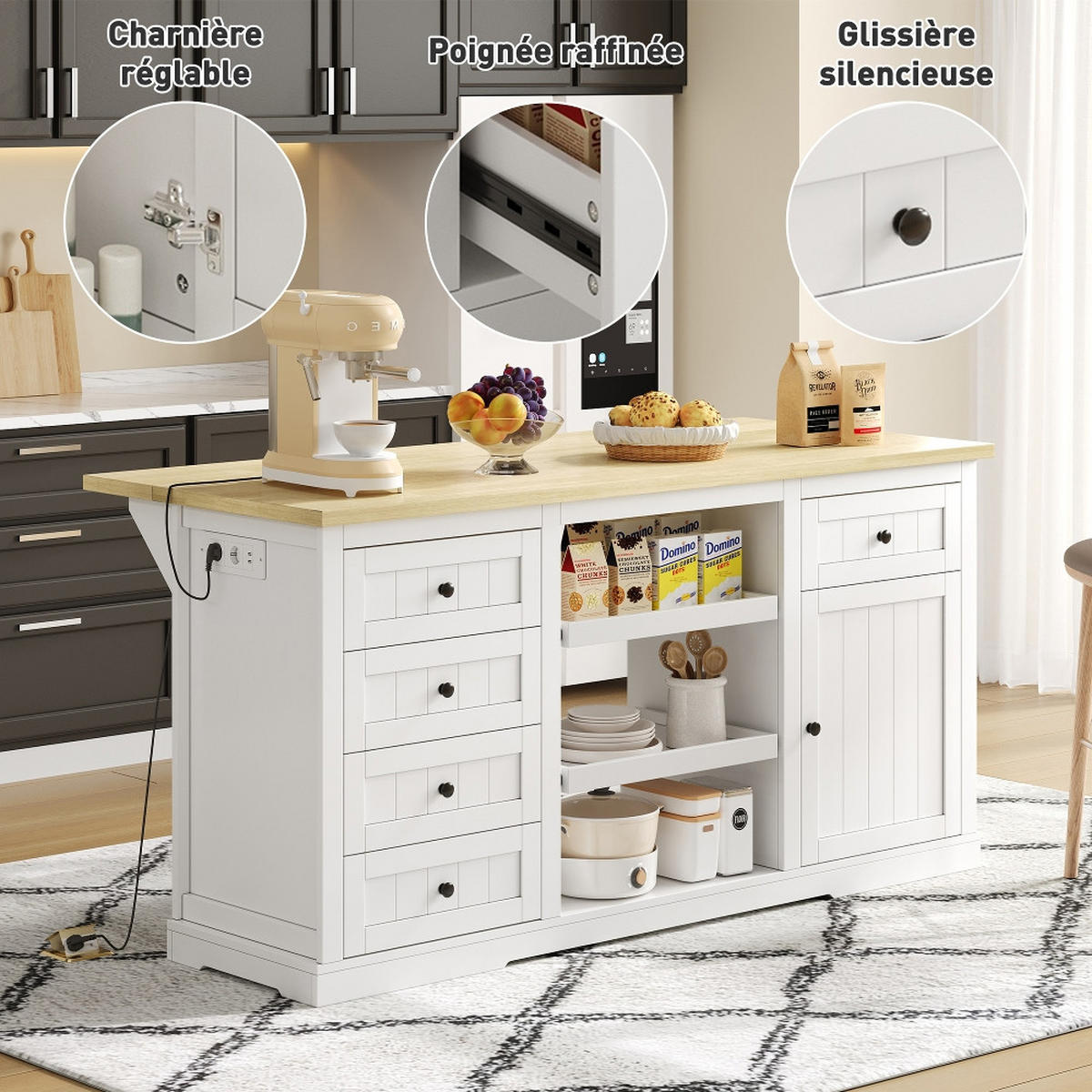 SIDEBOARD KÜCHENINSEL MIT STECKDOSEN, 5 Schubladen, Klappbar, Weiß, 150/65/75,5 cm - Eichefarben, Holzwerkstoff (65/75.5/150cm) - Rolipo