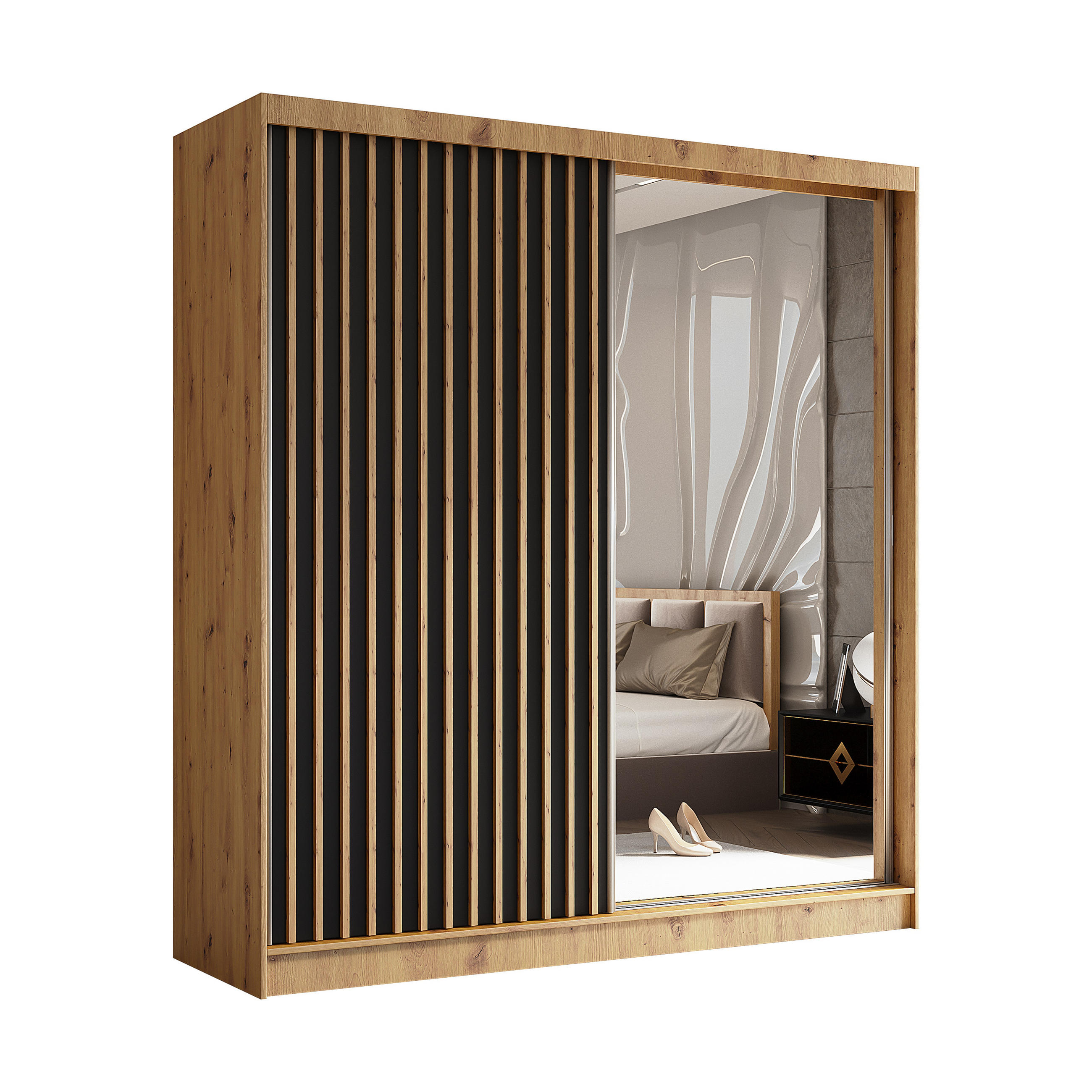 SCHWEBETÜRENSCHRANK LAMELLO 200/216/61 cm 2-türig mit Spiegel Eiche Artisan - Schwarz/Eiche Artisan, Holzwerkstoff (200/216/61cm) - MASSENO