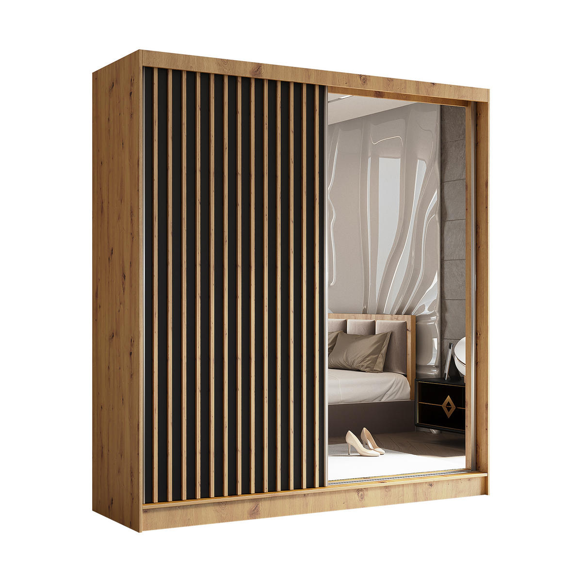 SCHWEBETÜRENSCHRANK LAMELLO 200/216/61 cm 2-türig mit Spiegel Eiche Artisan - Schwarz/Eiche Artisan, Holzwerkstoff (200/216/61cm) - MASSENO