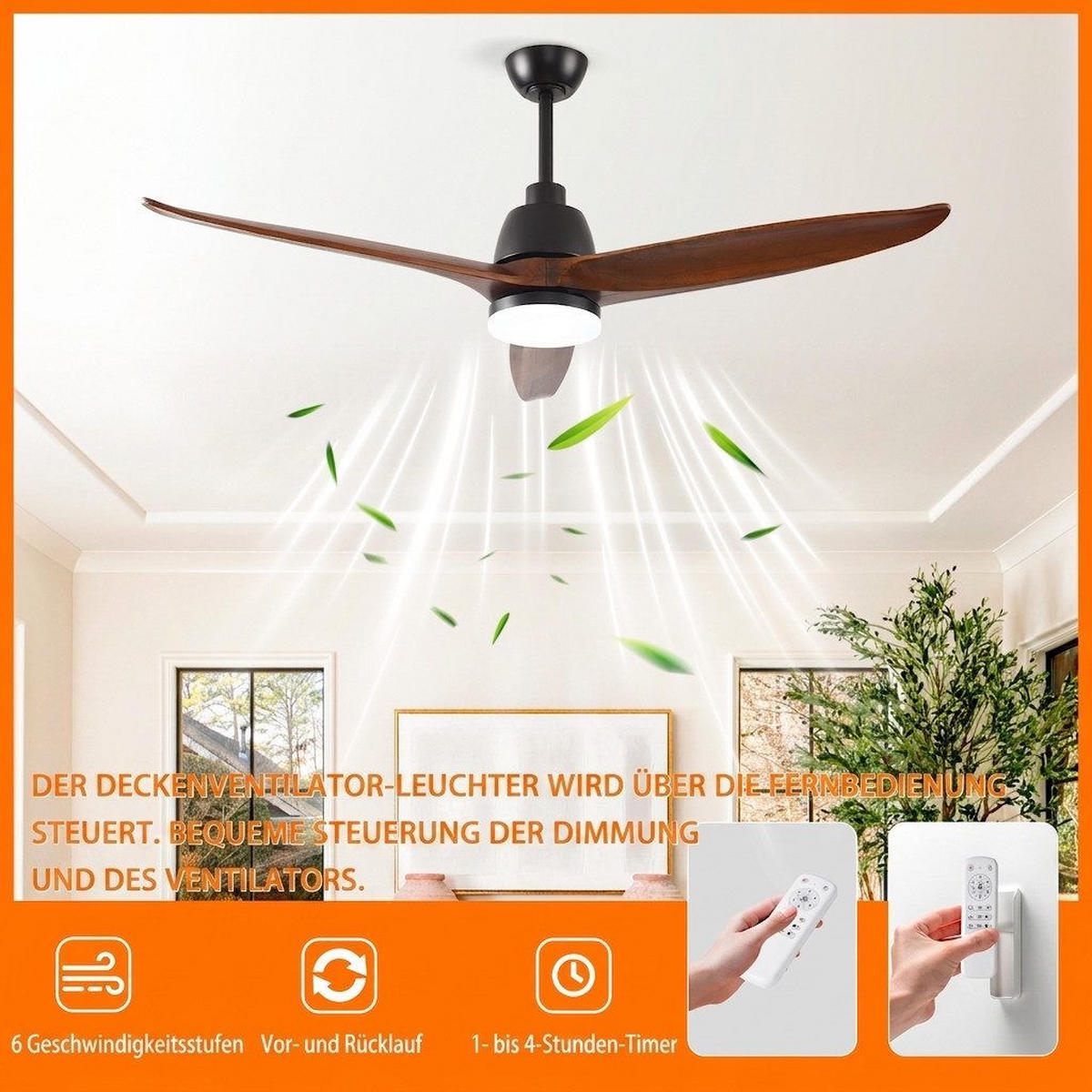 DECKENVENTILATOR mit LED-Licht 3 Farbtemperaturen Wendbar - Braun, Holzwerkstoff (132/132/46cm) - BEXEVUE