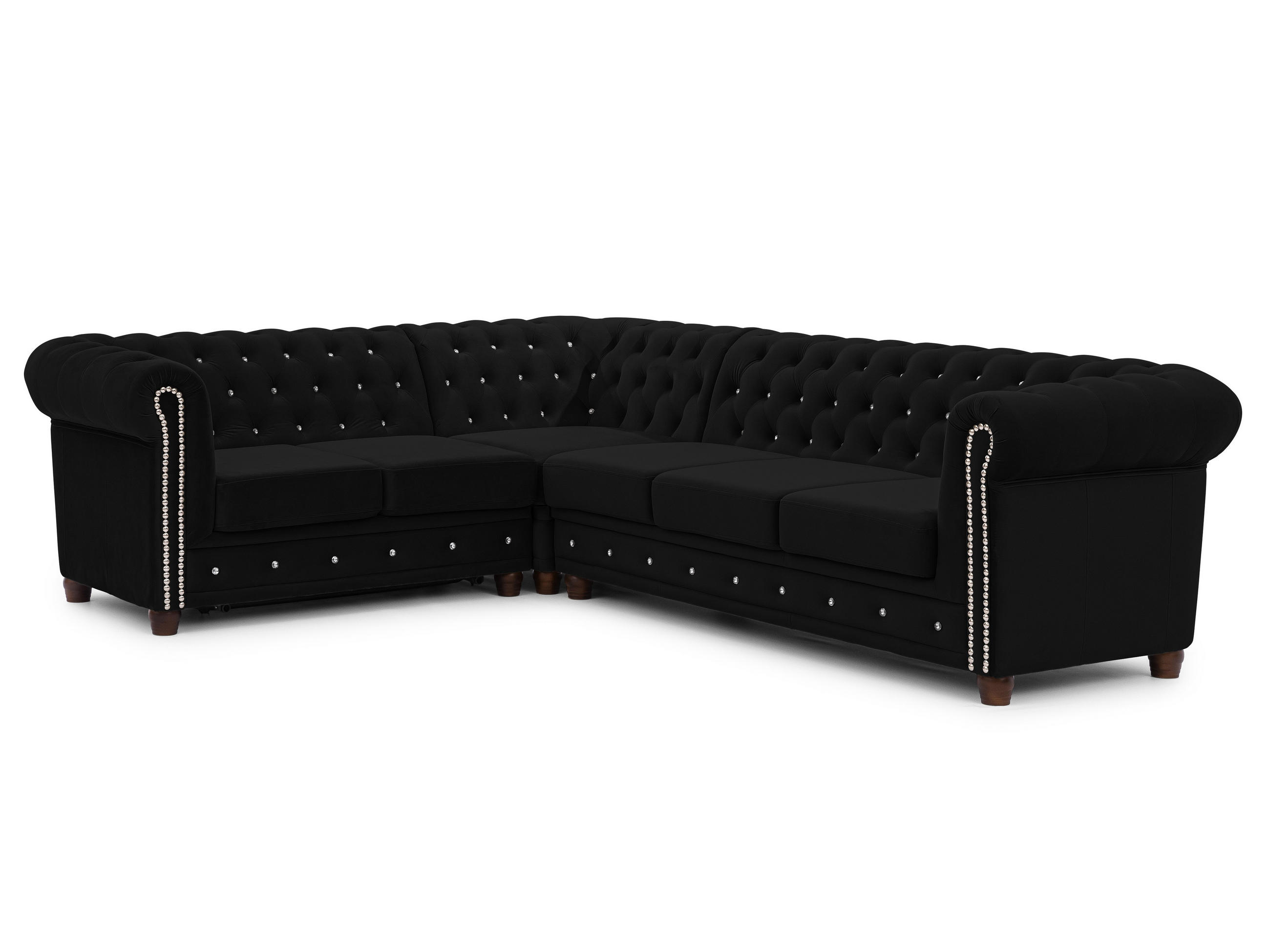 ECKSOFA mit Schlaffunktion Chesterfield Schwarz Samt mit Kristallsteppung und braunen Massivholzfüßen - Ottomane Links - Schwarz/Braun, Holz/Textil (264/210cm) - S-Style Möbel