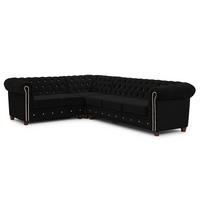 ECKSOFA mit Schlaffunktion Chesterfield Schwarz Samt mit Kristallsteppung und braunen Massivholzfüßen - Ottomane Links - Schwarz/Braun, Holz/Textil (264/210cm) - S-Style Möbel