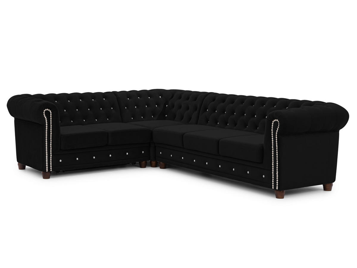 ECKSOFA mit Schlaffunktion Chesterfield Schwarz Samt mit Kristallsteppung und braunen Massivholzfüßen - Ottomane Links - Schwarz/Braun, Holz/Textil (264/210cm) - S-Style Möbel