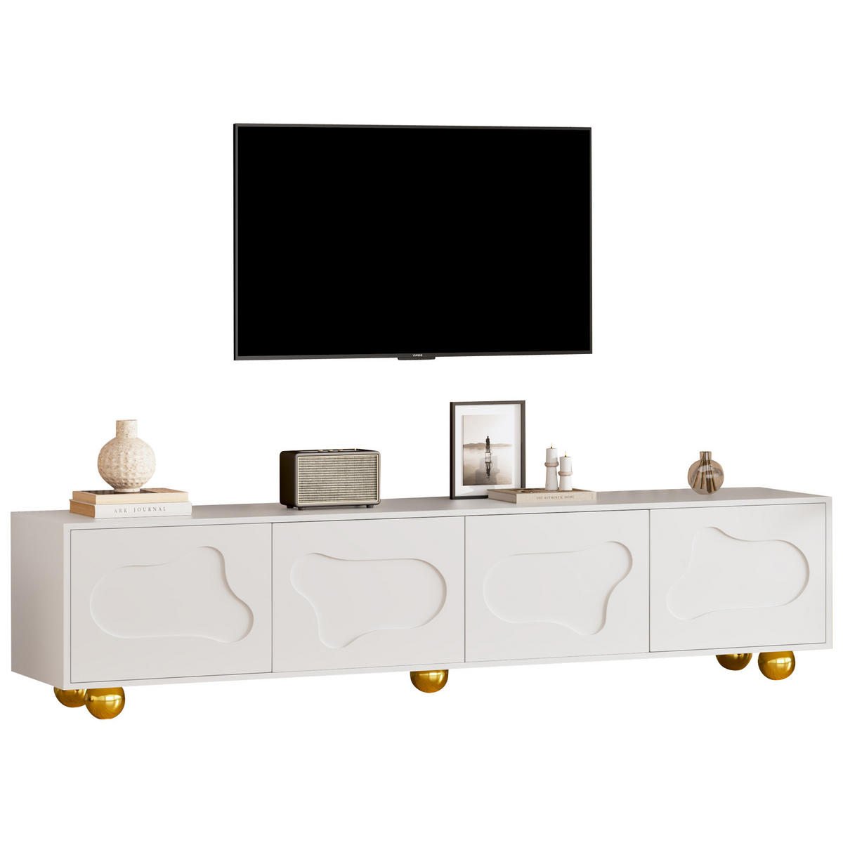 TV-SCHRANK warmweiß mit wolkenförmigen Türen und metallenen Kugelfüßen 180 × 40 × 45 cm - Weiß, Holzwerkstoff (180/45/40cm) - Luhomfu