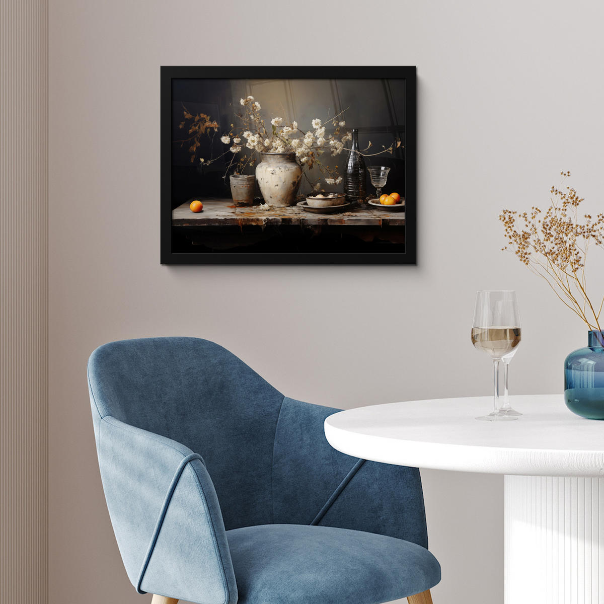 POSTER MIT RAHMEN Stilleben - Blumen - Blumenstrauß - Vase - Wein 40x30 cm - Schwarz, Papier (40/30cm) - MuchoWow