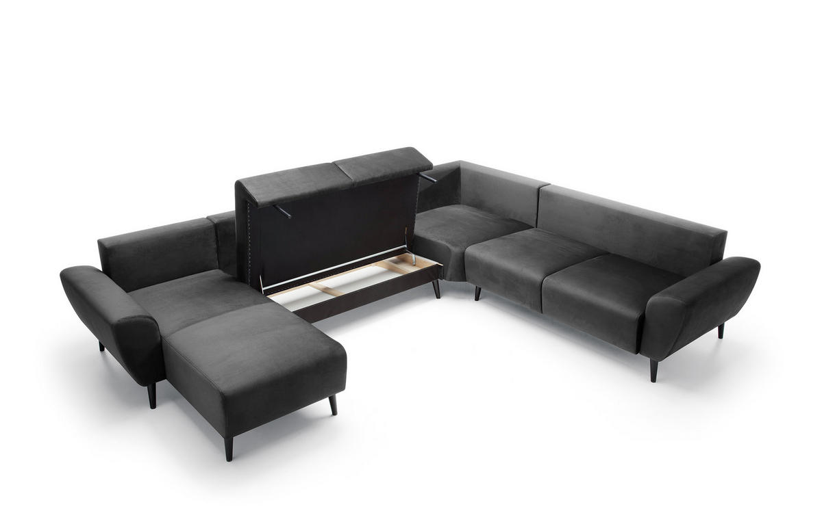 ECKSOFA BOSCO U-Form, Monolith-Stoff, Freistehend, mit verstellbaren Kopfstützen, Sofa für Familien, Größe: 340x270x98cm, Farbe: Grau - Grau, Holz/Textil (270/340cm) - DomoHome