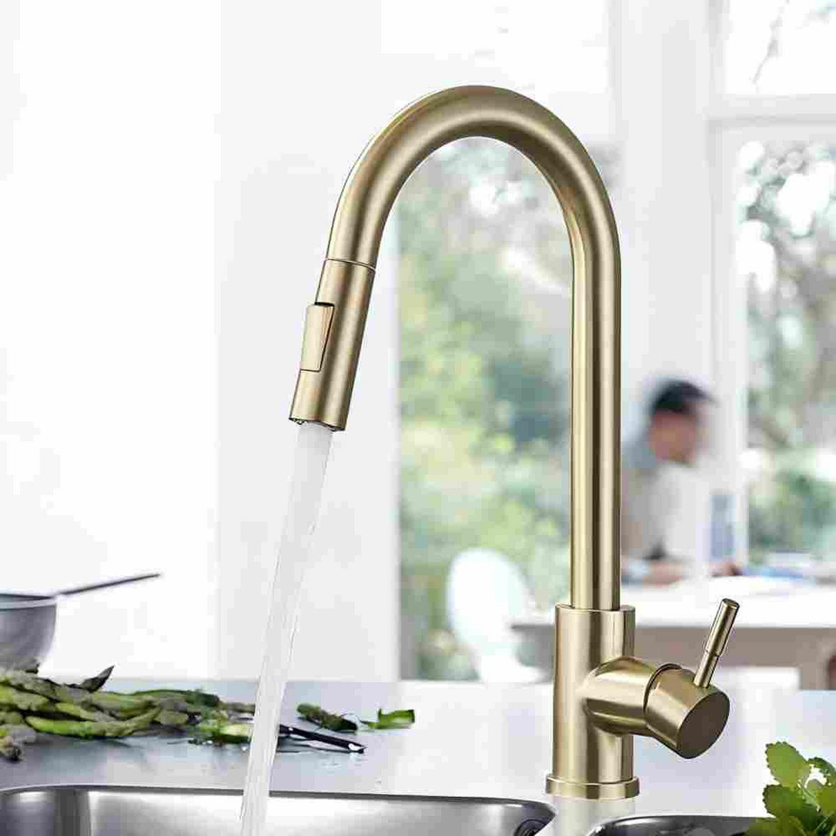 KÜCHENARMATUR Gebürstetes Gold Edelstahl Ausziehbrause - Goldfarben, Metall (42/5/28cm) - TVTIUO
