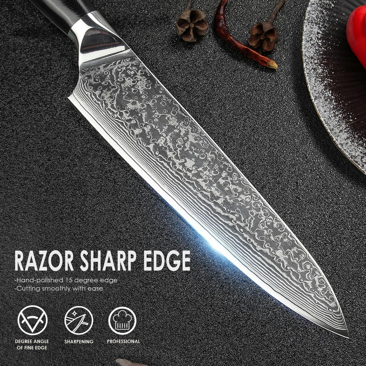 KÜCHENMESSER Damast Kochmesser 20.4 cm Klinge G10-Griff - Grau, Metall (34cm)