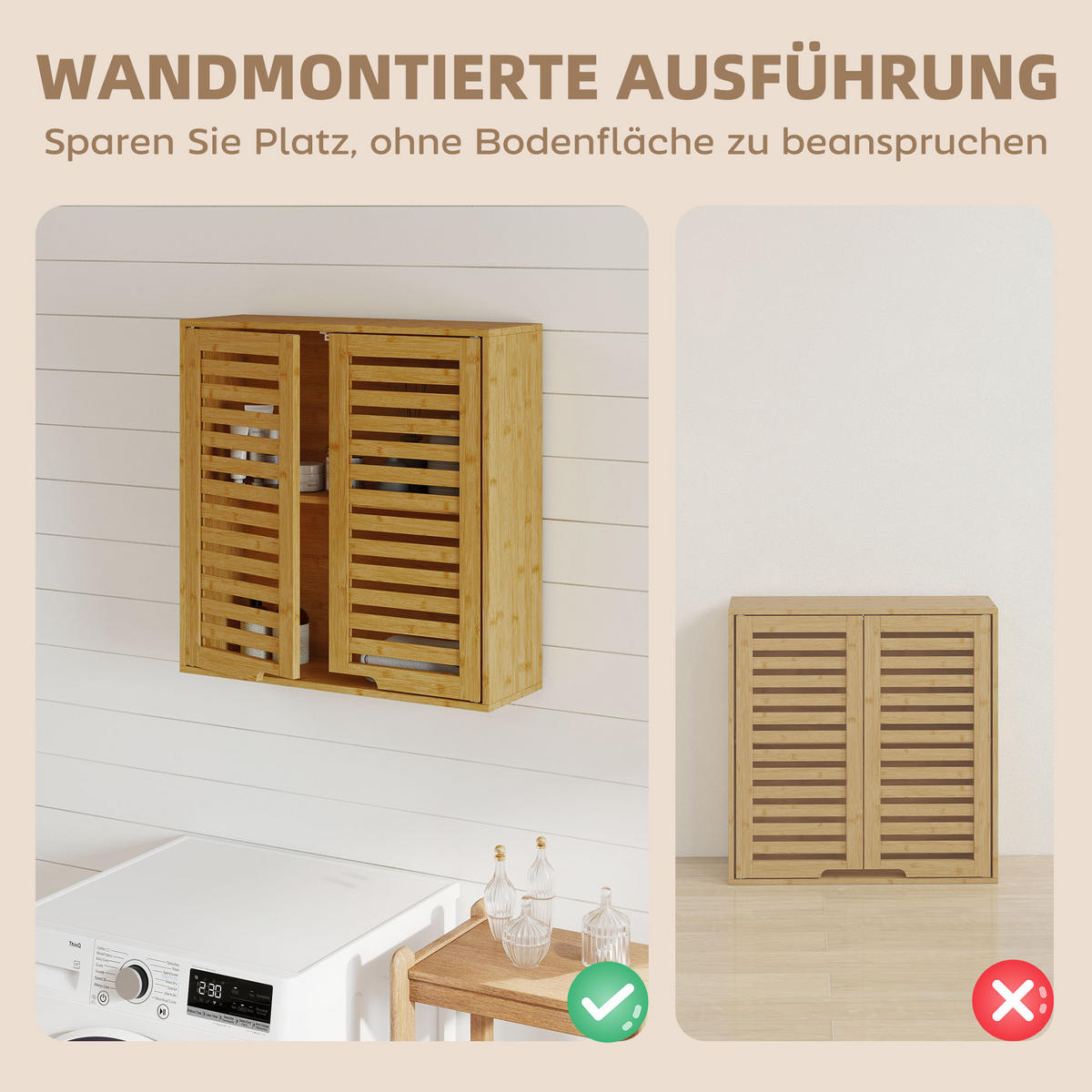 BADEZIMMERSCHRANK Wandschrank aus Bambus mit atmungsaktiven Lamellentüren Natur - Naturfarben, Naturmaterialien (20/60/60cm) - HOMCOM