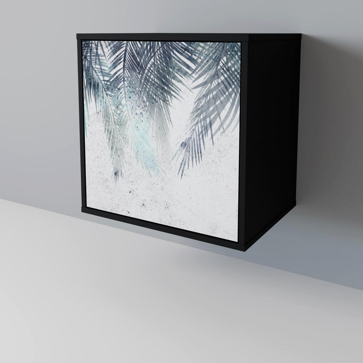 SIDEBOARD PALM VEIL, Schwarz, 57,5x42x67,5 cm, Schwarze Metall-Rahmenfüße - Multicolor/Schwarz, Holzwerkstoff/Metall (57.5/67.5/42cm) - SpaceRebels