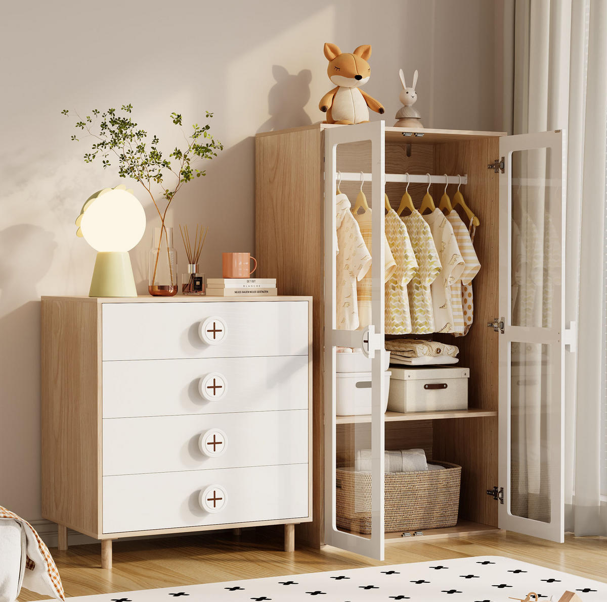 KLEIDERSCHRANK- und Kommoden-Set aus MDF 80x50x150 cm & 80x54x90 cm Natur/Weiß mit Acryl Türen und 4 Schubladen - Weiß, Holzwerkstoff (160/150/50cm) - Modfu
