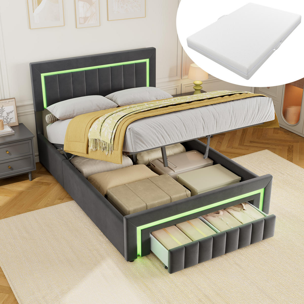 ČALOUNĚNÁ POSTEL 140/200 cm s matrací a úložným prostorem, se zásuvkami a LED osvětlením, šedá - šedá, kov/kompozitní dřevo (140/200cm) - STILVORA