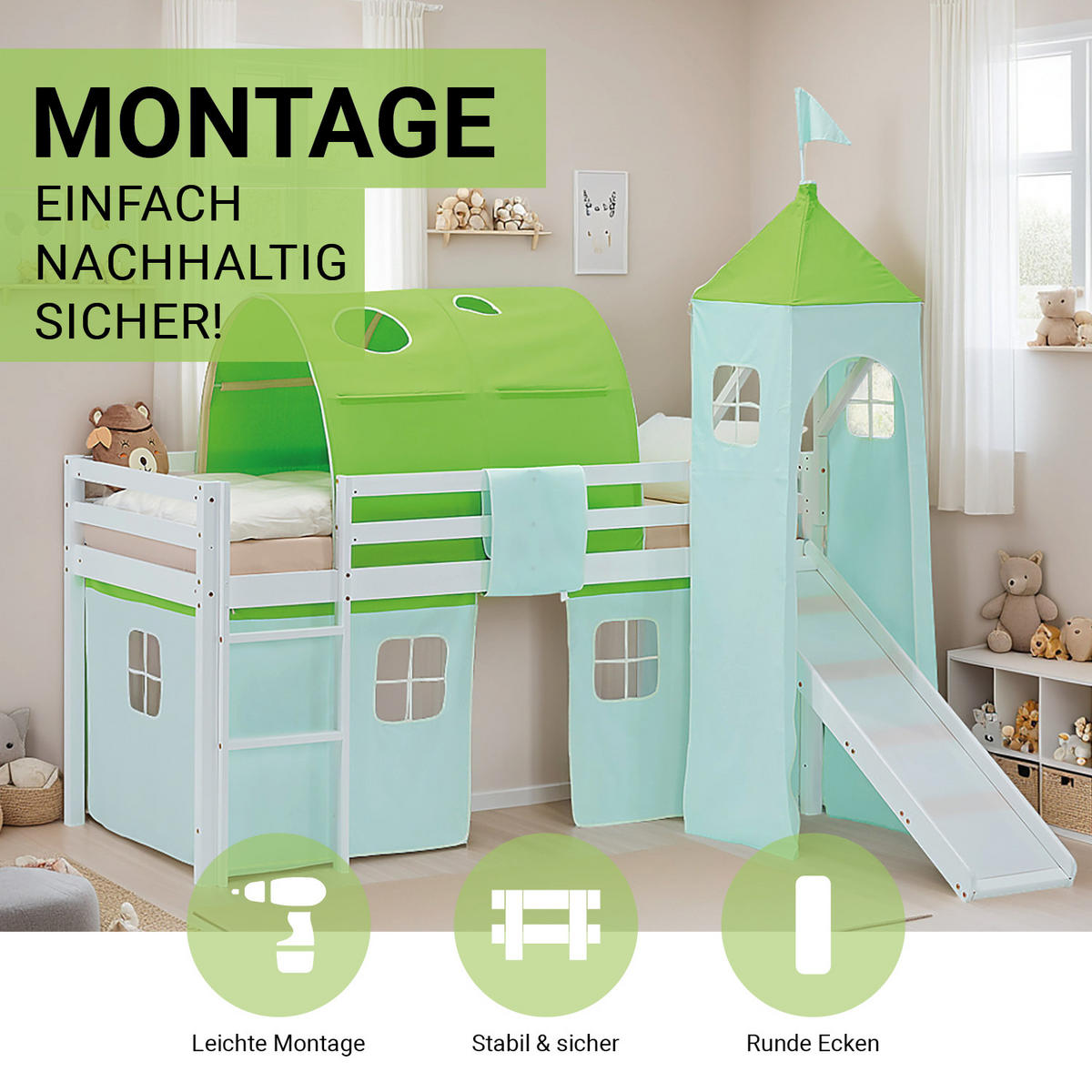 HOCHBETT 90/200 cm in Weiß und Grün Rutsche mit Lattenrost - Weiß/Grün, Holz/Textil (90/200cm) - Homestyle4u