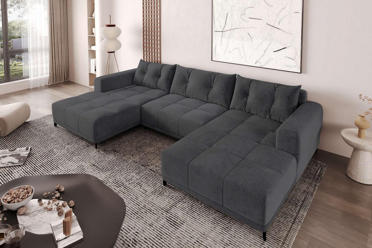 WOHNLANDSCHAFT Massimo Cordstoff Graphitfarben inkl. Schlaffunktion - Graphitfarben/Schwarz, Textil/Metall (356/94/181cm) - 99rooms