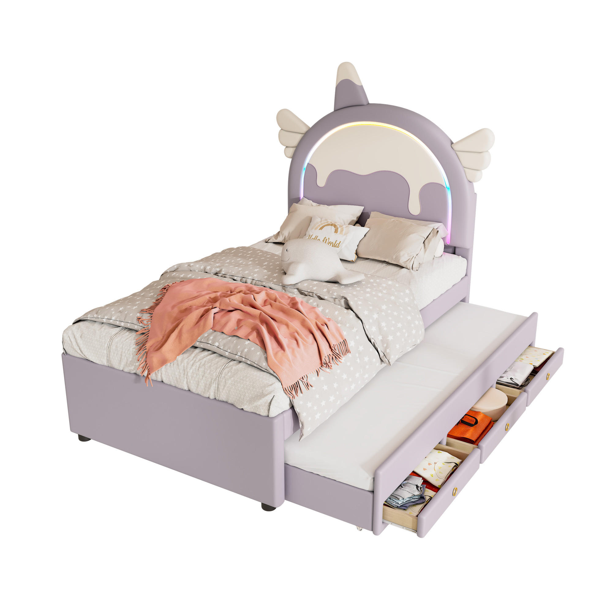 KINDERBETT 90/200 cm in Einhornform mit Rollbett und Schubladen, violett - Violett, Kunststoff (90/200cm) - BEAOK