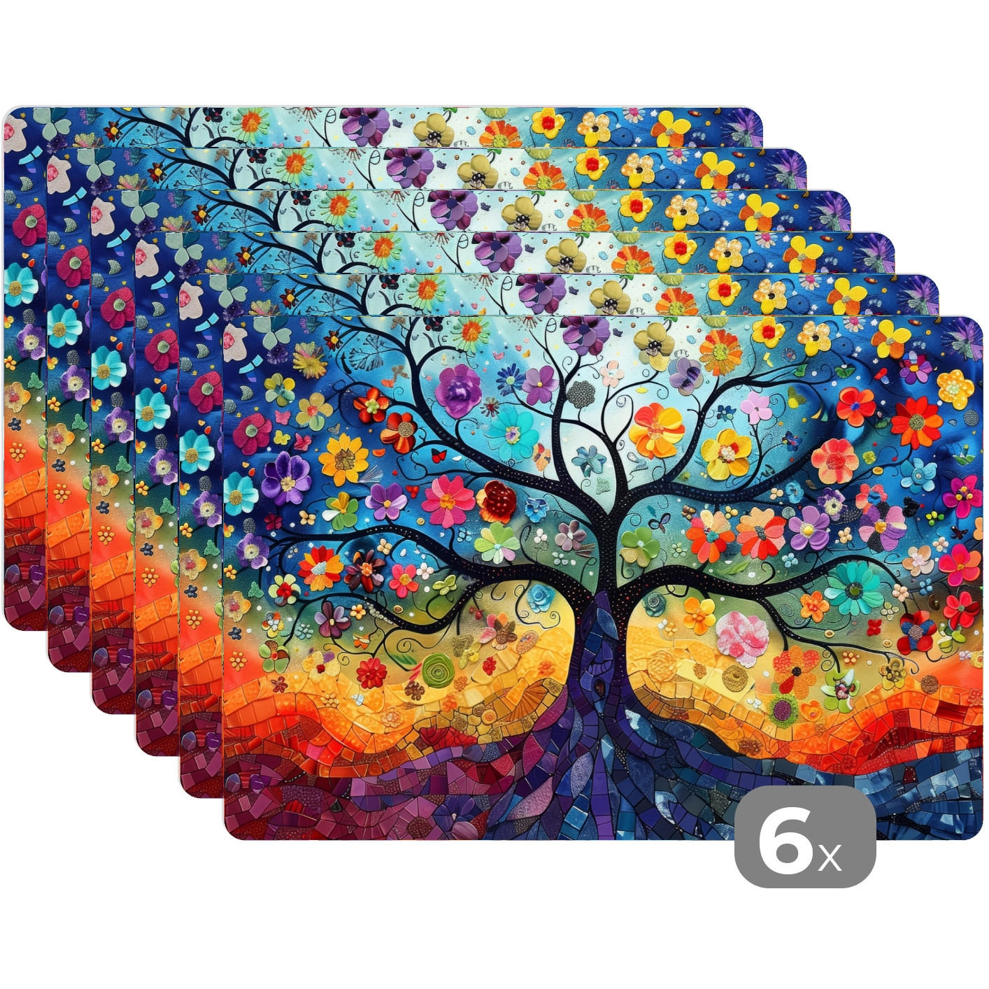 PLATZSETS 6er-Set Baum - Bunt - Blumen - Kunst - Abstrakt 45x30 cm - Blau, Kunststoff (0.3/45/30cm) - MuchoWow