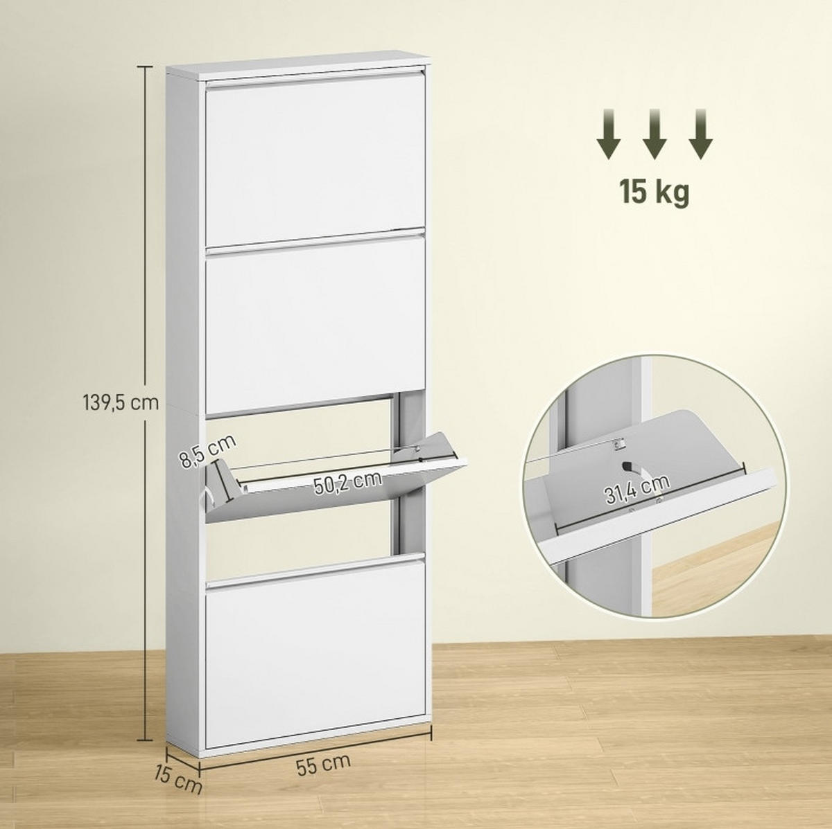 SCHUHSCHRANK 55/15/139,5 cm in Weiß mit 4 Klappen aus Metall - Weiß, Metall (55/139/15cm) - Flora Grace