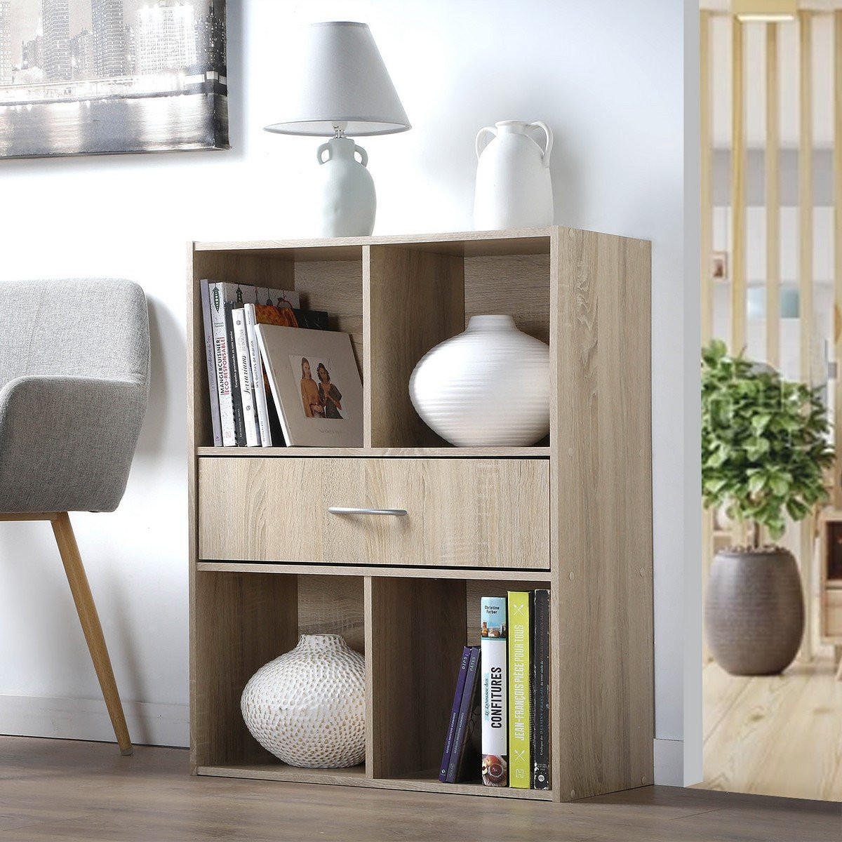 AUFBEWAHRUNGSREGAL 4 Fächer mit einer Schublade - Apfelbaumfarben, Holzwerkstoff (29.5/80/62cm) - Calicosy