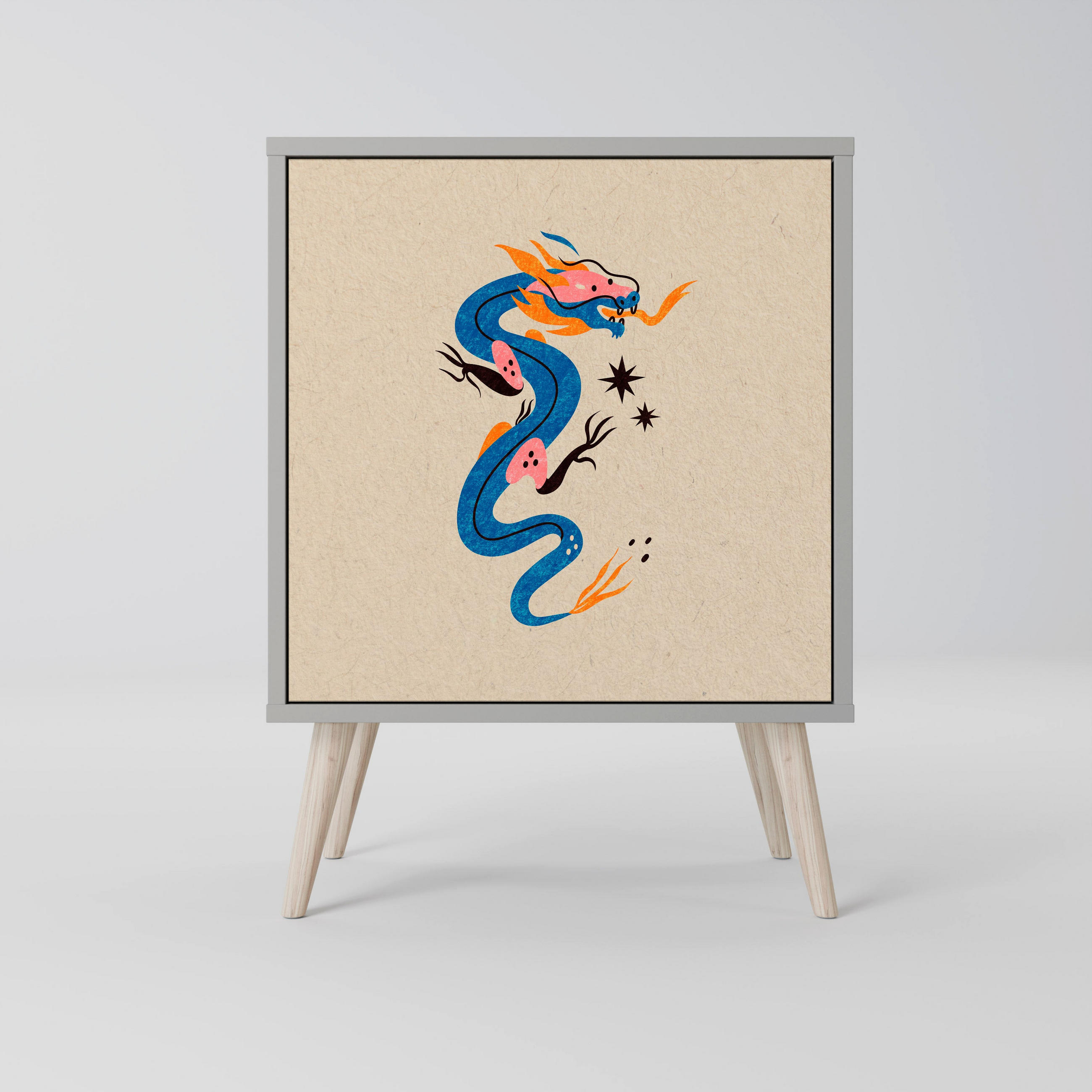 SIDEBOARD MYTHOLOGICAL CREATURES, Grau, 57,5x42x77,5 cm, Schräge Buchenholzfüße - Buchefarben/Multicolor, Holzwerkstoff/Buchenholz (57.5/77.5/42cm) - SpaceRebels