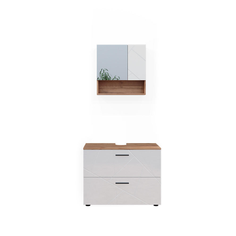 BADMÖBEL-SET Irma Weiß Hochglanz/Goldkraft Eiche 2 Teile - Honigeiche/Weiß Hochglanz, Holzwerkstoff (80/58.6/41cm) - Vicco