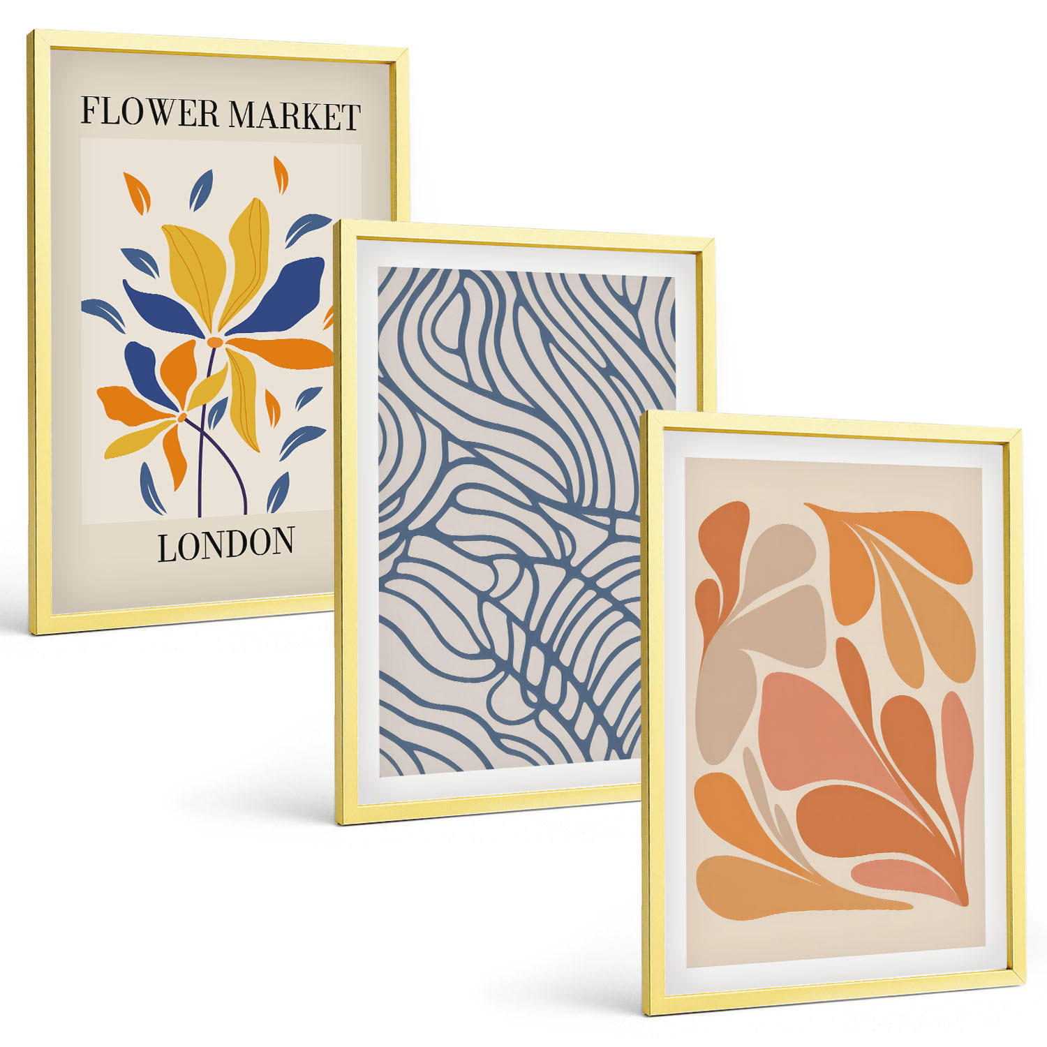BILDER SET 3er Set - 40x60 cm Goldrahmen - Moderne abstrakte Blumen - Goldfarben, Kunststoff (40/60cm) - TULUP