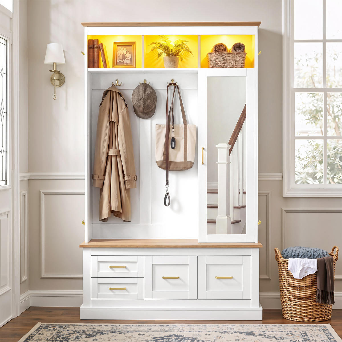 GARDEROBE Flur Set Spiegel Sitzbank Schuhschrank Haken 80cm Weiß - Weiß, Holzwerkstoff (110/180/32cm) - FLIEKS
