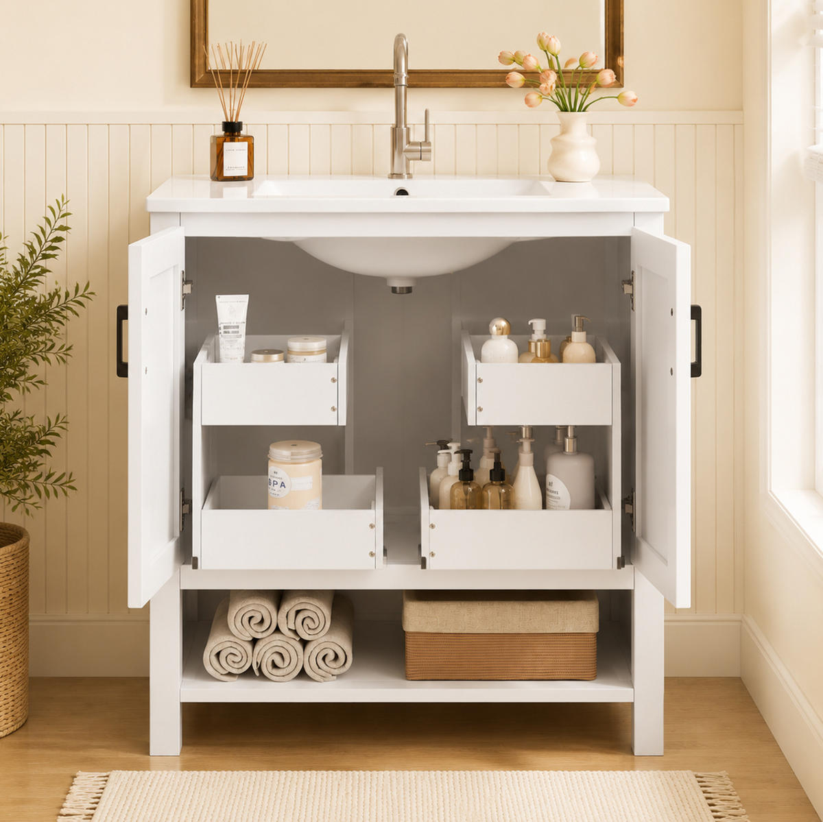 FREISTEHENDER Badezimmerwaschtisch aus MDF und Keramik 76,5x47x83 cm Weiß mit Doppeltür und offenem Stauraum - Weiß, Keramik (76.5/83/47cm) - Modfu