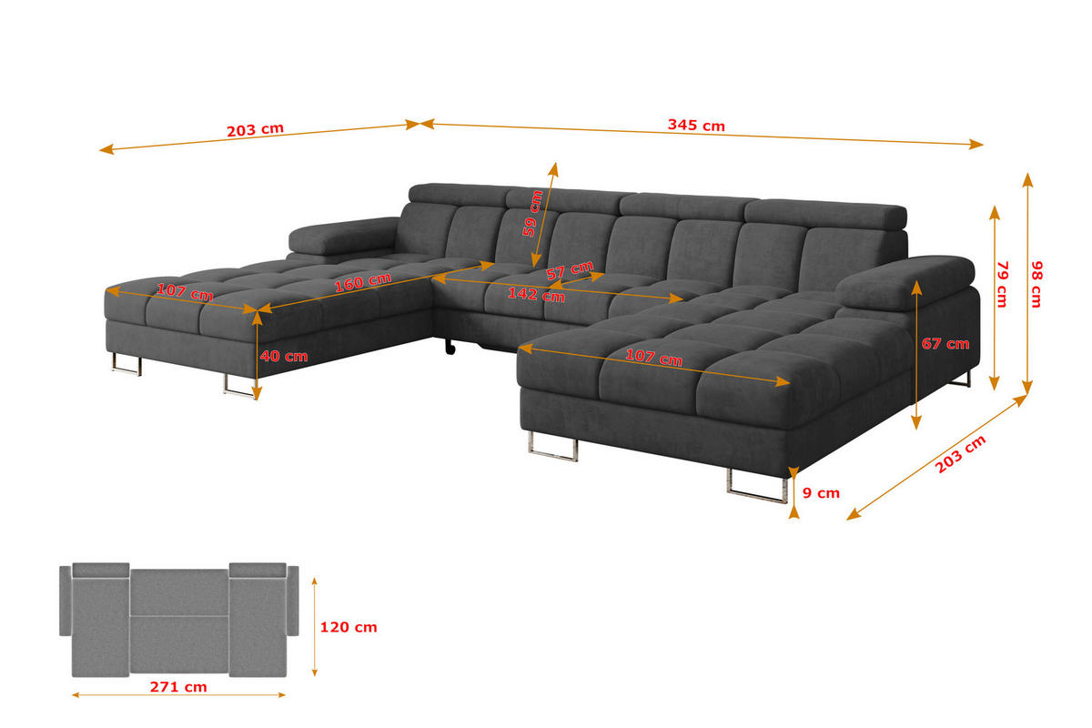 WOHNLANDSCHAFT mit Schlaffunktion und Bettkasten COMA U2 345x203x79 Dunkelgrau Velours - Dunkelgrau, Holzwerkstoff/Textil (345/79/203cm) - ALTDECOR