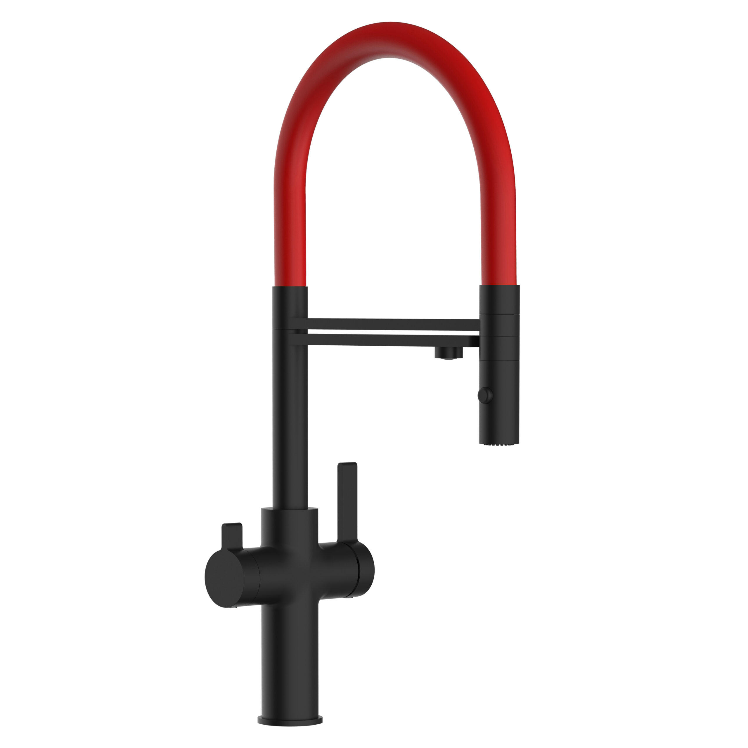 3-WEGE-KÜCHENARMATUR, Schwarz Matt und Rot, 2-Strahl-Brause - Rot, Metall (20.61/48/20.61cm) - VIZIO