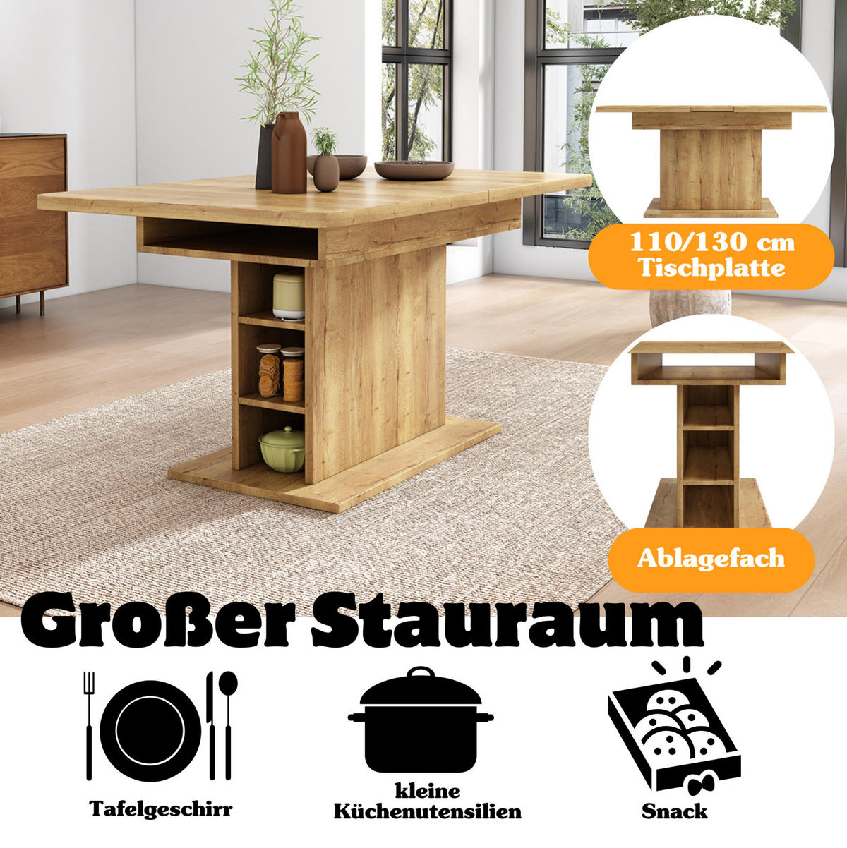 ESSTISCH 110/130 x 70 x 75 cm in Natur mit Stauraum und ausziehbarer Tischplatte - Naturfarben, Holzwerkstoff (130/70/75cm) - Flora Grace