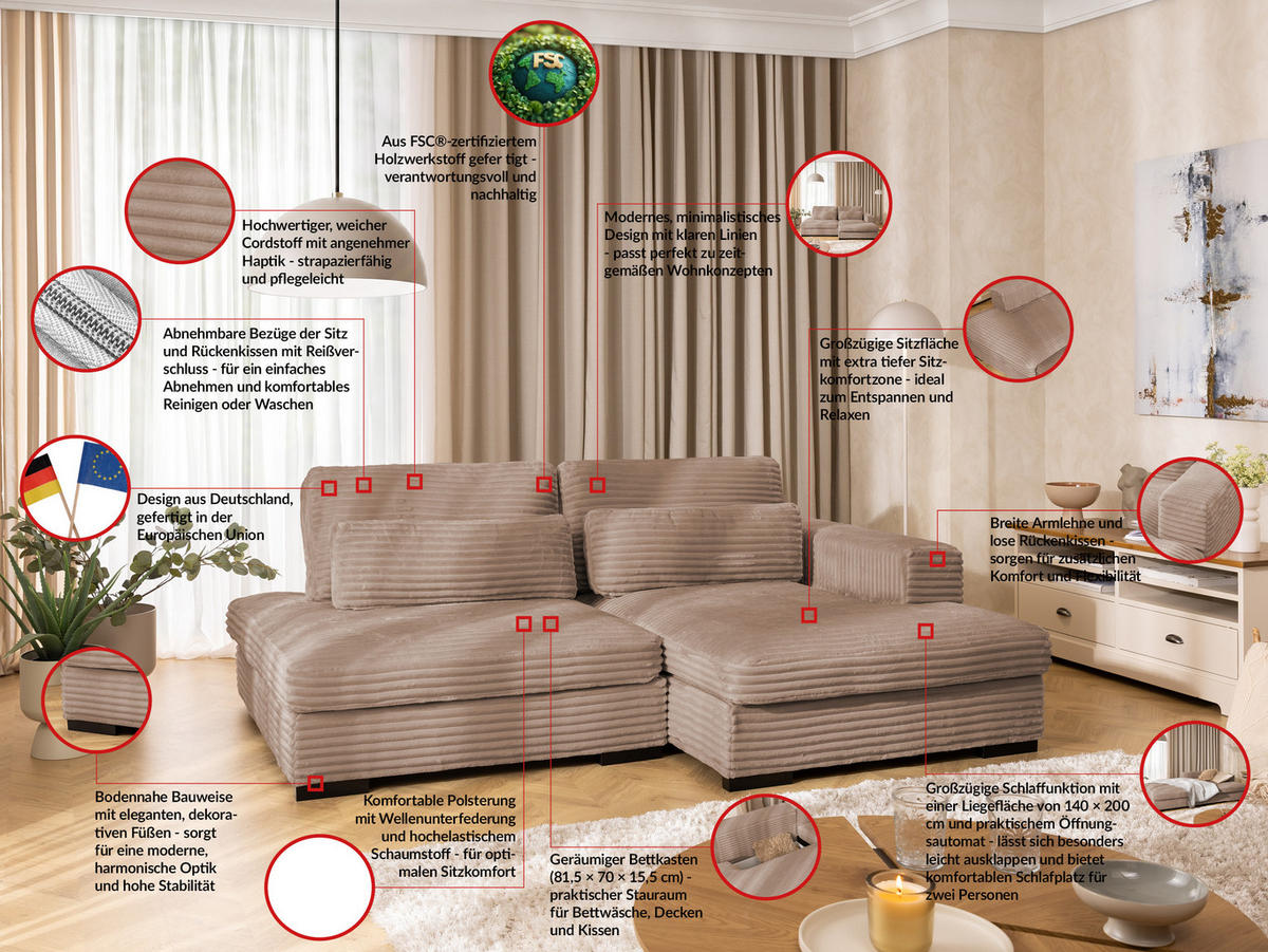 ECKSOFA Wolke mit tiefer Sitzfläche, Schlaffunktion und praktischem Bettkasten aus weichem Beige Cordstoff - Schwarz/Cappuccino, Holz/Kunststoff (225/162cm) - S-Style