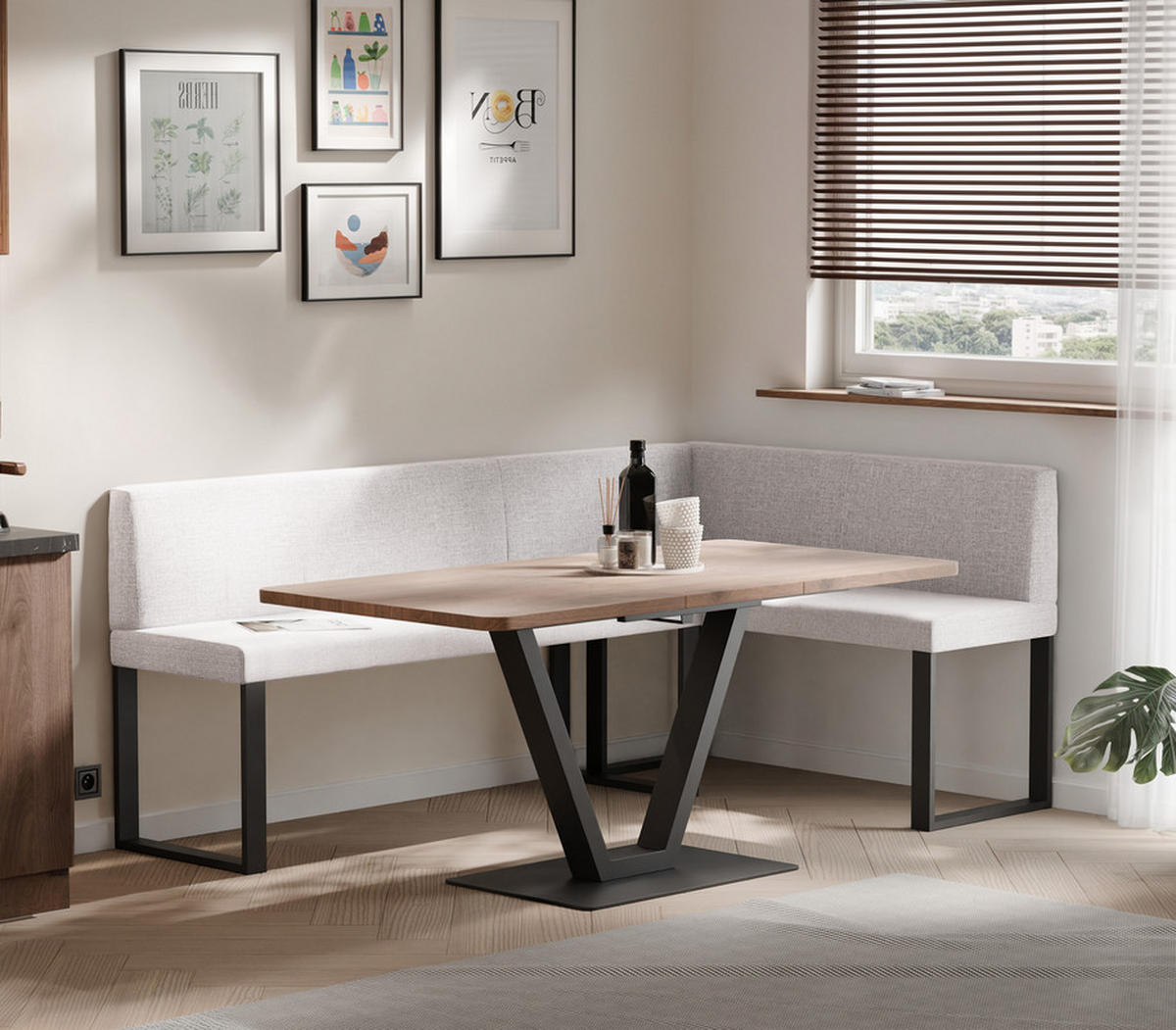 ECKBANK rechts SANA U Webstoff glatt, 142/196 cm Beige - Beige, Textil/Metall (142/196cm) - Idohome