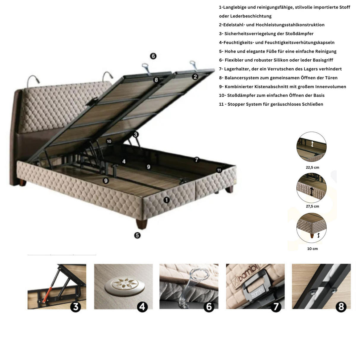 BOXSPRINGBETT Bambi Bett mit Matratze Boxspringbett 90x200 Borjen Set LED - Beige, Holz/Metall (90/200cm) - Bambi