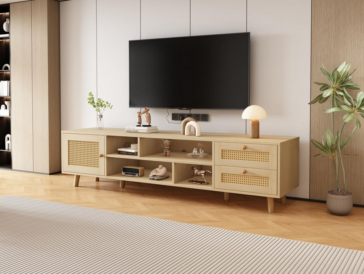 LOWBOARD 160/39/40.5 cm eichefarben aus Spanplatte mit Rattanfronten und Kabelführung - Naturfarben, Holzwerkstoff (39/40.5/160cm) - OKMYHOME